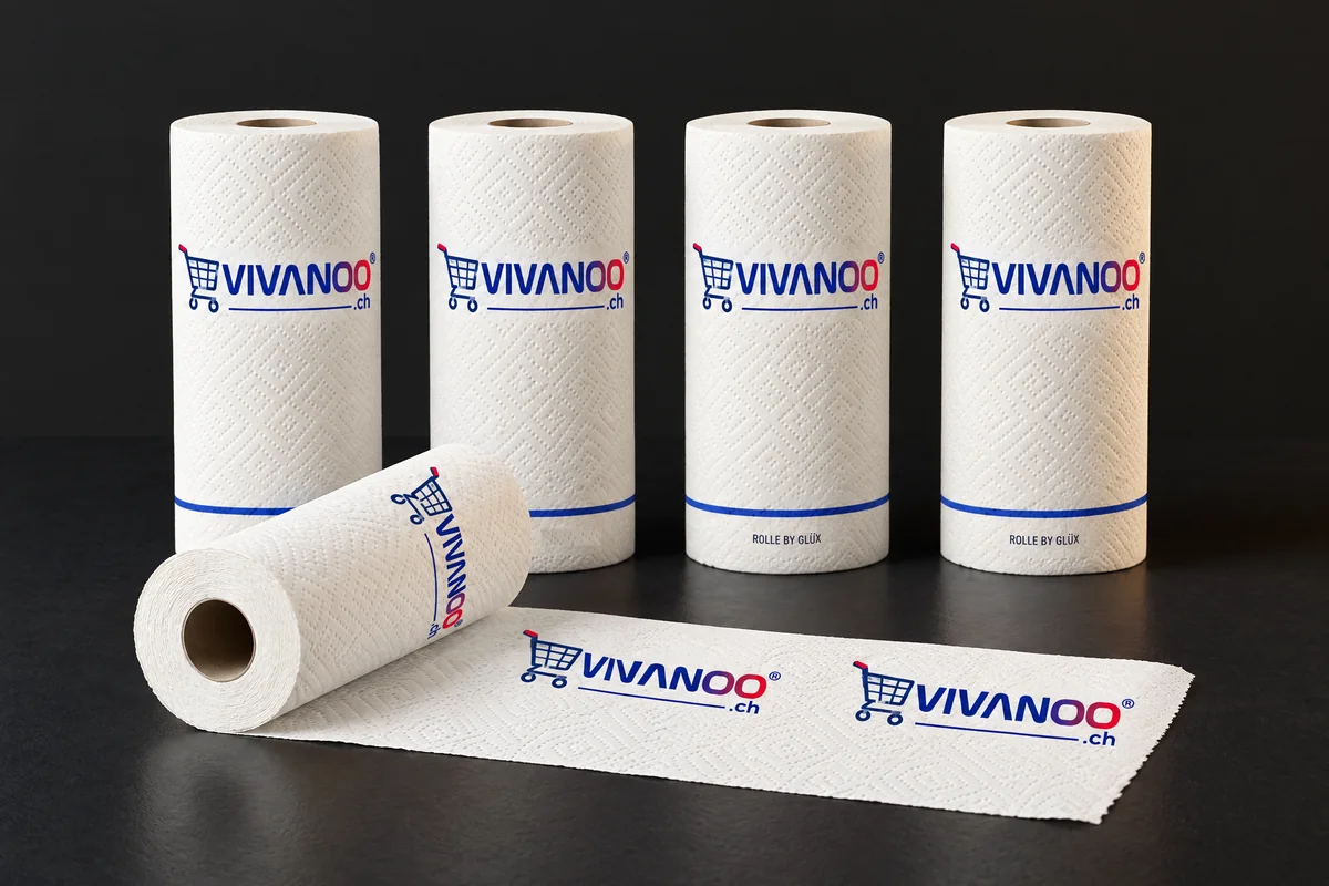 Haushaltsrollen mit dem Vivanoo-Logo auf sonst unbedrucktem hellem Papier, Gestaltungsbeispiel für Rolle by Glüx