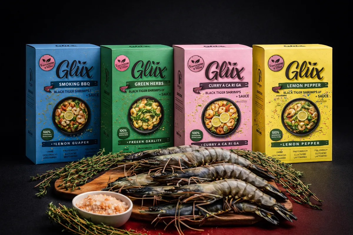 Die vier Glüx-Ready-to-Cook-Sorten neben rohen Black-Tiger-Crevetten, Thymian und Salz
