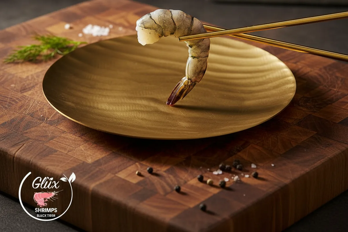 Black-Tiger-Crevette mit Stäbchen über einem goldenen Teller auf einem Holzbrett